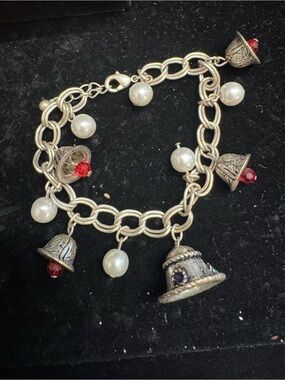 Vintage Silver Bell Charm Bracelet with Pearls